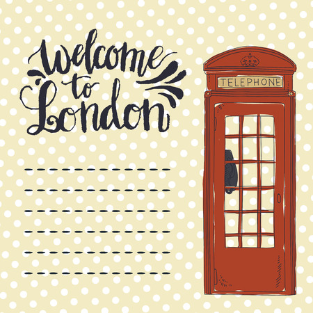 Lettering Welcome to London. UK british illustration. London Telephone red box. Greeting card with hand drawn telephone. Polka dot pattern. Percfect for postcards.のイラスト素材