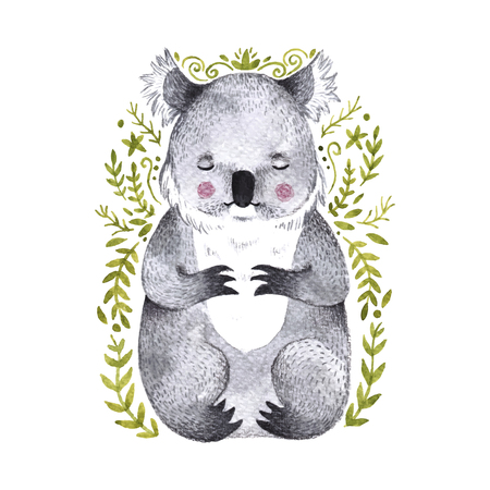 Watercolor koala. Hand drawn bear illustration with branchesの写真素材
