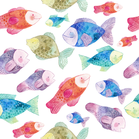 Watercolor seamless pattern with fishes and seaweedsのイラスト素材
