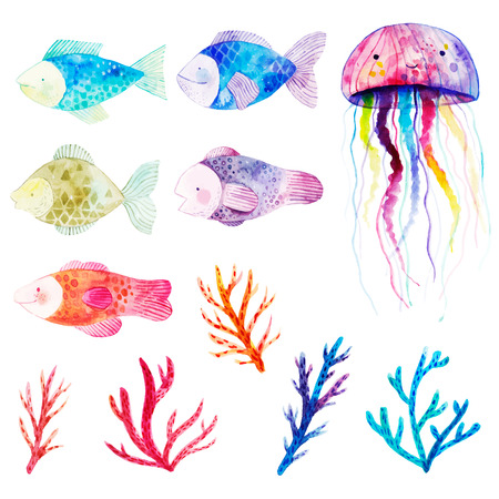 Watercolor set with fishes, seaweeds , corals and jellyfish.のイラスト素材