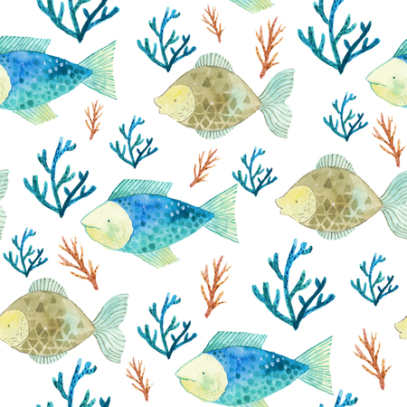 Watercolor seamless pattern with fishes and seaweedsのイラスト素材