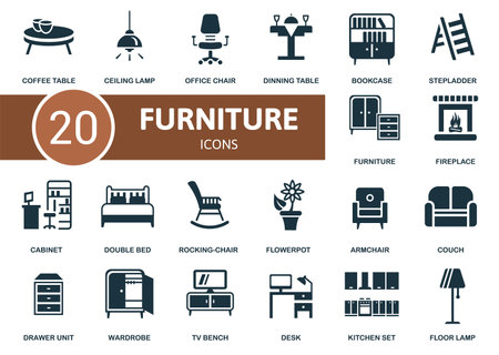 Furniture icon set. Collection contain office chair, bookcase, couch, double bed and over icons. Furniture elements setのイラスト素材