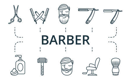 Barber icon set. Collection contain pack of pixel perfect creative icons. Barber elements set.のイラスト素材