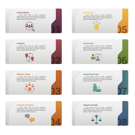 Vector Team Building infographic template. Include Project Team, Positive Feedback, Motivation, Mentoring and others. Icons in different colors.のイラスト素材