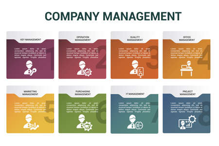 Infographic Company Management template. Icons in different colors. Include Key Management, Operation Management, Quality, Office Management and others.のイラスト素材