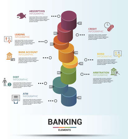 Infographic Banking template. Icons in different colors. Include Absorption, Credit, Leasing, Bank Account and others.のイラスト素材