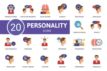 Personality icon set. Contains editable icons personality theme such as dispute and arguments, curiosity, inner dialog and more.のイラスト素材