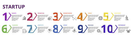 Infographic Startup template. Icons in different colors. Include Partnership, Precision, Career, Creativity and others.のイラスト素材