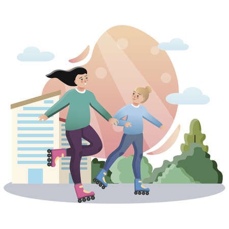 Roller Skating. Isolated flat style colored illustration. School lessons. roller skating in the park.のイラスト素材