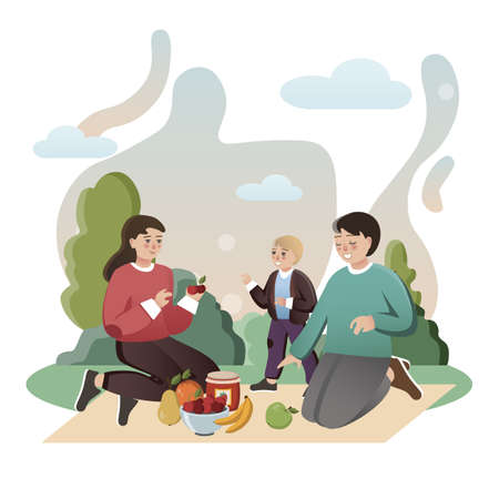 Family Picnic. Isolated flat style colored illustration. School lessons. Lunch family in nature.のイラスト素材