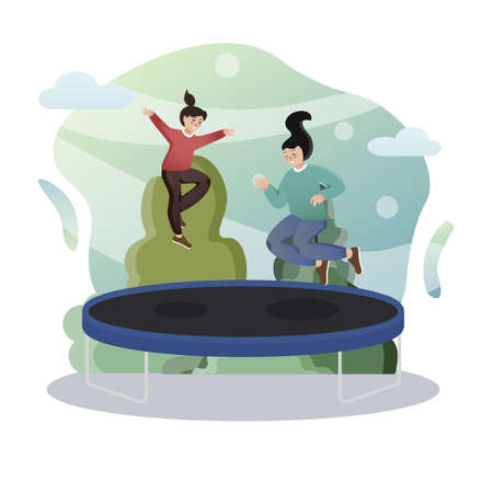 Trampoline. Isolated flat style colored illustration. School lessons. Mom and daughter jump on a trampoline.のイラスト素材
