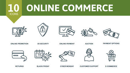 Online Commerce icon set. Collection of simple elements such as the coupon, cargo, online promotion, 3d security, auction, returns, cyber monday.のイラスト素材