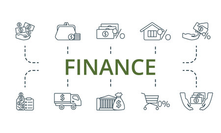 Finance icon set. Monochrome simple Finance icon collection. Income, Purse, Loan, Mortgage, Crediting, Saving Plan, Encashment, Deposit, Installments, Own Funds iconのイラスト素材