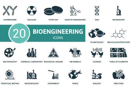 Bioengineering icon set. Monochrome simple Bioengineering icon collection. Chromosome, Nuclear, Petri Cup, Genetic Engineering, Dna, Microbiology, Experiment, Space, Biology, Gmo Food iconのイラスト素材