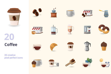 Coffee set. Creative icons: coffee beans, coffee grinder, cappuccino, coffee shop, turkish, coffee cafe, french press, iced coffee, coffee maker, donut, espresso, croissant, coffee to go, moka pot, cupcake, coffee break, coffee holder, coffee scoop, coffee tree, morning coffee.のイラスト素材