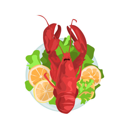 Lobster on a plate illustration in color cartoon style. Editable vector graphic design.のイラスト素材