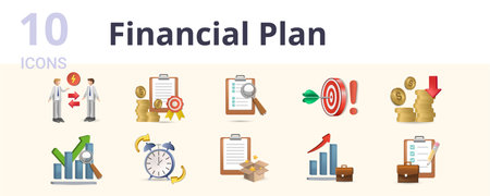 Financial plan set. Creative icons: conflict of interest, grants, executive summary, mission statement, revenue, trend analysis, timeline, product description, progress, business plan.のイラスト素材