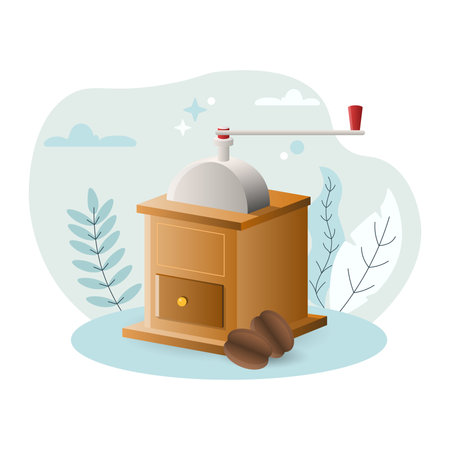 Coffee Grinder illustration. Coffee beans, handle, retro, chopper. Editable vector graphic design.のイラスト素材