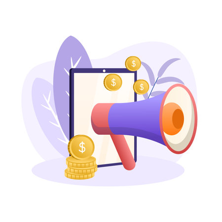 Advertising illustration. Loudspeaker, coin, screen, tablet. Editable vector graphic design.のイラスト素材