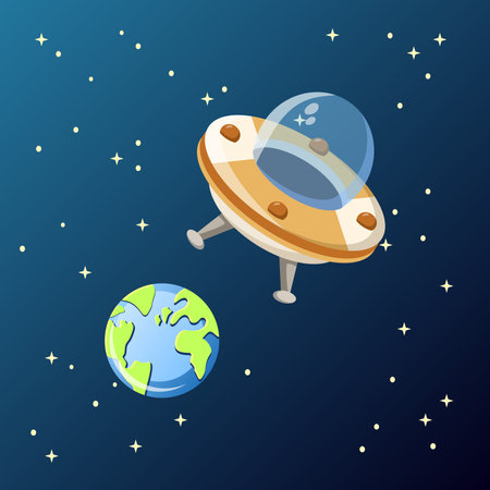 UFO illustration. Space, stars, spaceship, earth. Editable vector graphic design.のイラスト素材