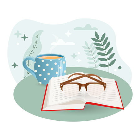 Glasses illustration. Cup, coffee, spectacles, notebook. Editable vector graphic design.のイラスト素材