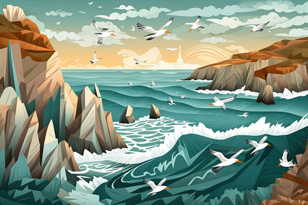 Coastal cliffs papercut illustration - Generative AI.の素材