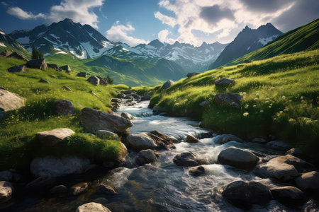 Mountain river photo realistic illustration - Generative AI.の素材