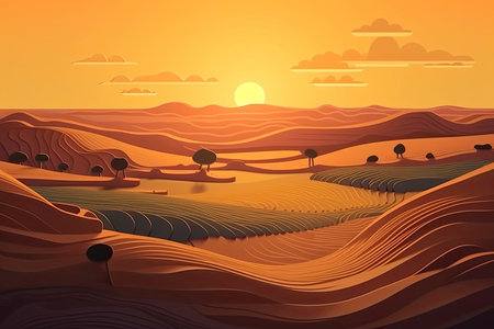 Sunset over the plains papercut illustration - Generative AI.の素材