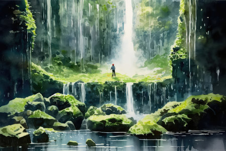 A serene waterfall watercolor illustration - Generative AI.の素材