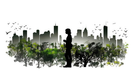 Green cityscape double exposure illustration - Generative AI.の素材