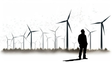 Field of wind turbines double exposure illustration - Generative AI.の素材