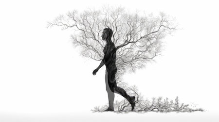 Silhouette of a man near a tree double exposure illustration - Generative AI.の素材