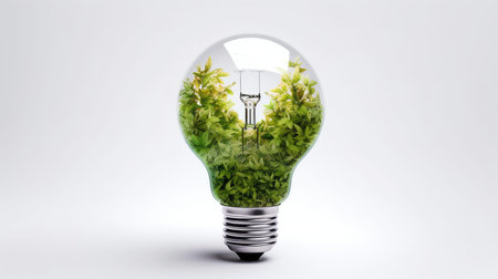 Green foliage in a lightbulb double exposure illustration - Generative AI.の素材