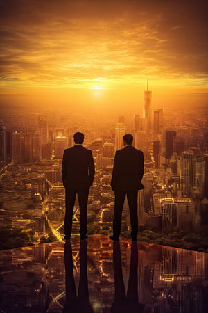 Business men in front of big city new life concept photo realistic illustration - Generative AI.の素材