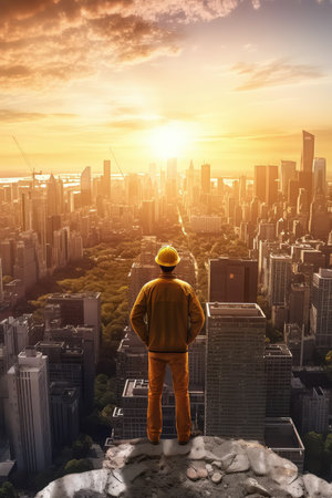 Construction worker in front of big city new life concept photo realistic illustration - Generative AI.の素材