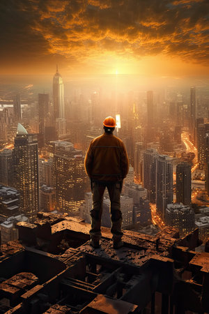 Construction worker in front of big city new life concept photo realistic illustration - Generative AI.の素材