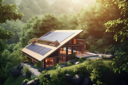 Photo of A stunning illustration featuring a modern house with solar panels on its roof, surrounded by lush greenery.の素材