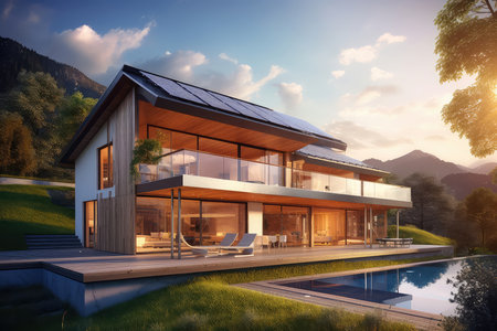 A vibrant artwork showcasing a solar-powered home with sleek solar panels on its roof, radiating a warm and inviting atmosphereの素材