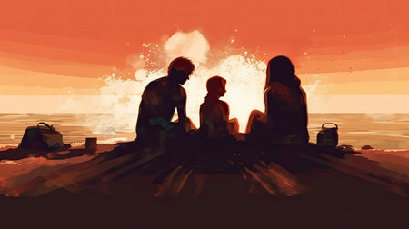 In this enchanting illustration, a family is captured in motion, their silhouettes gracefully...