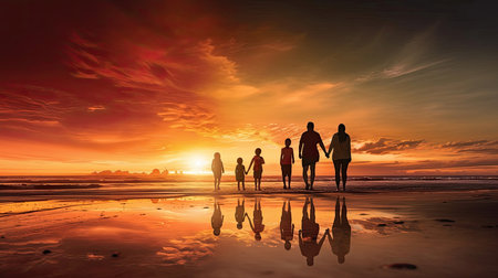 This captivating illustration portrays the silhouettes of a family embracing the waters edgeの写真素材