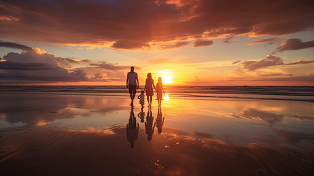 This captivating illustration portrays the silhouettes of a family embracing the waters edgeの写真素材