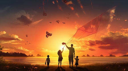 In this enchanting illustration, a family is captured in motion, their silhouettes gracefully running on the beach at twilightの写真素材