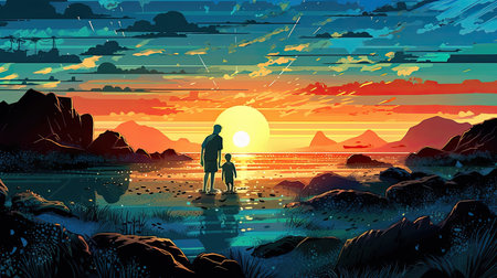In this picturesque illustration, the silhouettes of a family are seen exploring tide pools.の写真素材