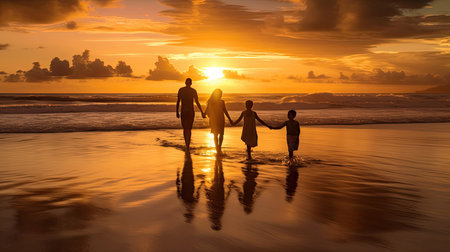 Photo of a family on the beach during sunset. Family silhouettes at sunsetの写真素材