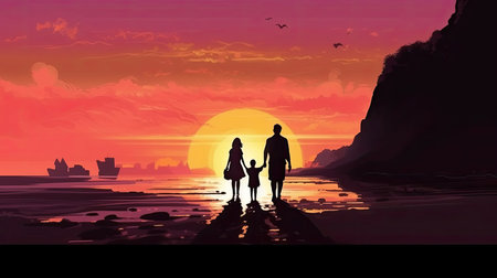 Photo of a family on the beach during sunset. Family silhouettes at sunsetの写真素材