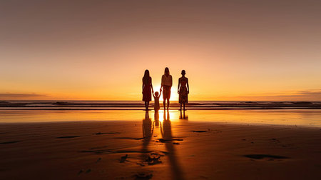 Photo of a family on the beach during sunset. Family silhouettes at sunsetの写真素材