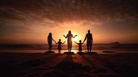 Photo of a family on the beach during sunset. Family silhouettes at sunset