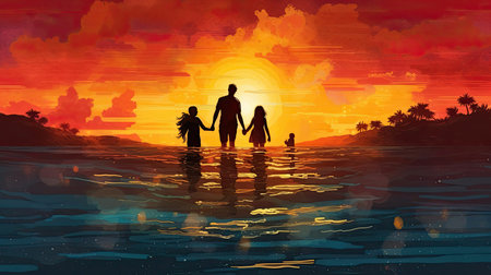 Photo of a family on the beach during sunset. Family silhouettes at sunsetの写真素材