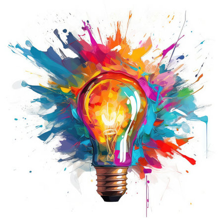 Creative light bulb abstract color splash, white background.の素材