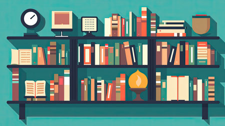 E-book reader with wide range of books flat illustration - Generative AI.の素材